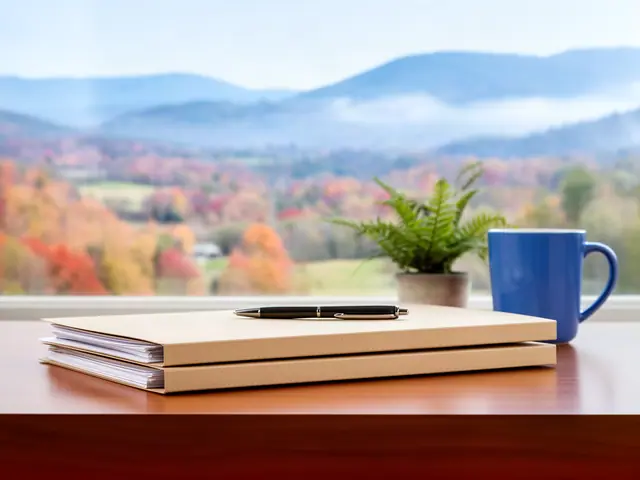 A neat stack of closed manila folders and a pen on a desk by a window.