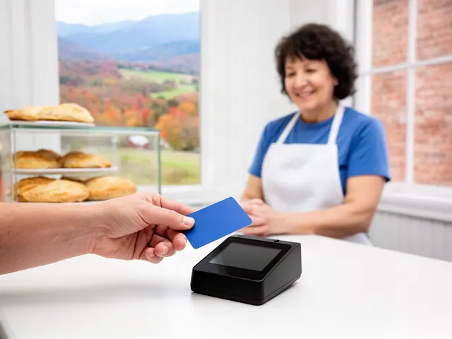 A customer taps a card on a counter terminal at a small country-ham and biscuit cafe.