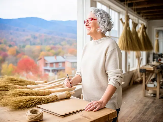A woman with short silver curls and red-framed glasses at a work table with a closed folder in a small broom-making and woodcraft shop.